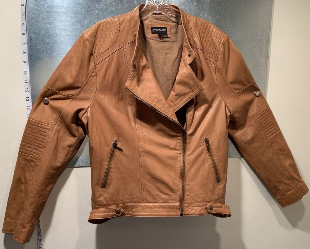 Leather Motorcycle Jacket Corbani Quilted Shoulder Brown Asymmetrical Size XL